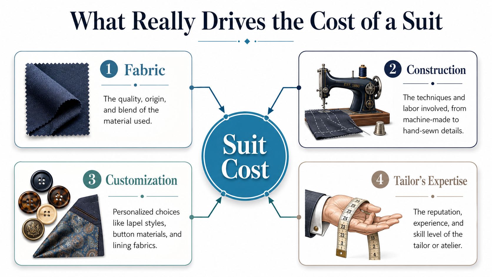 An infographic detailing the four main factors that drive the total cost of a tailored suit.