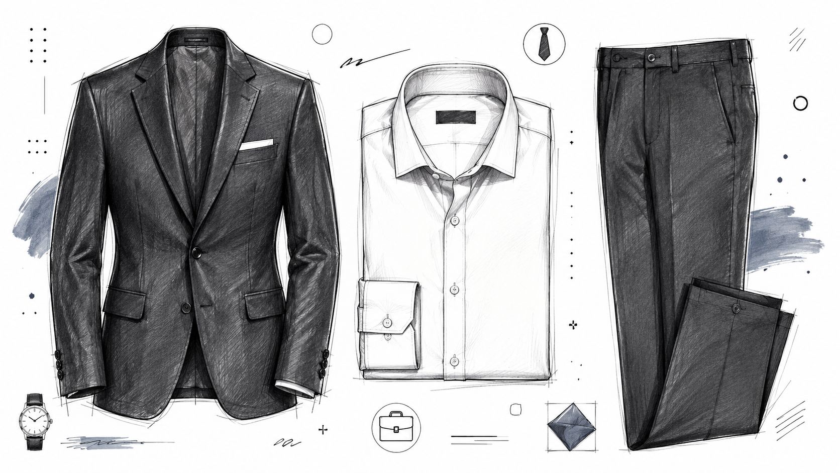 A professional sketch illustration of a man's black suit blazer, white dress shirt, and trousers.