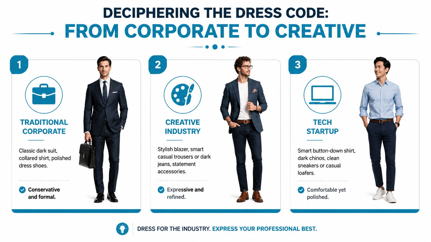 A visual guide explaining professional dress codes for traditional corporate, creative industries, and tech startup environments.