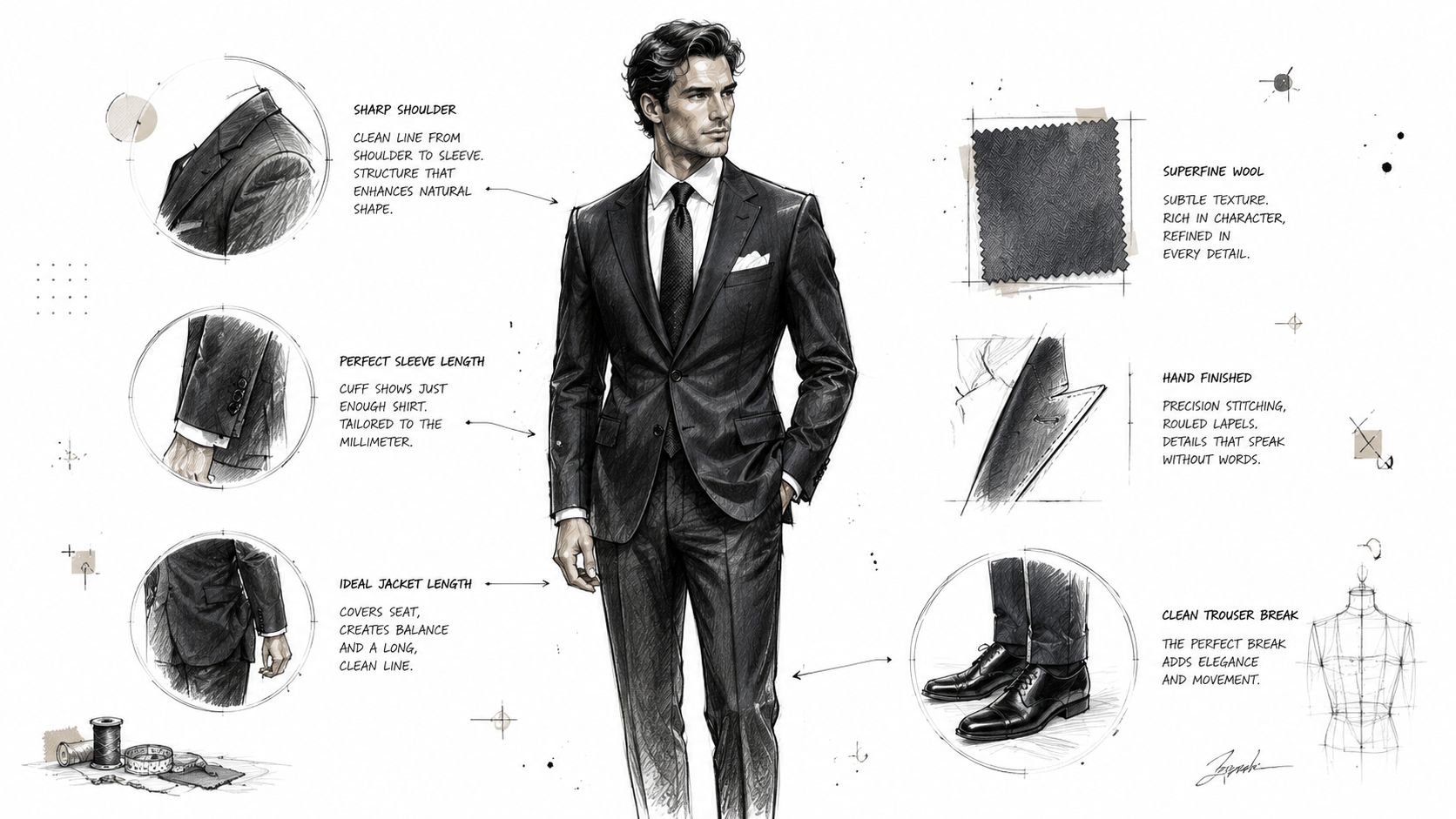A detailed fashion illustration showing key tailoring features of a perfectly fitted men's suit for interviews.