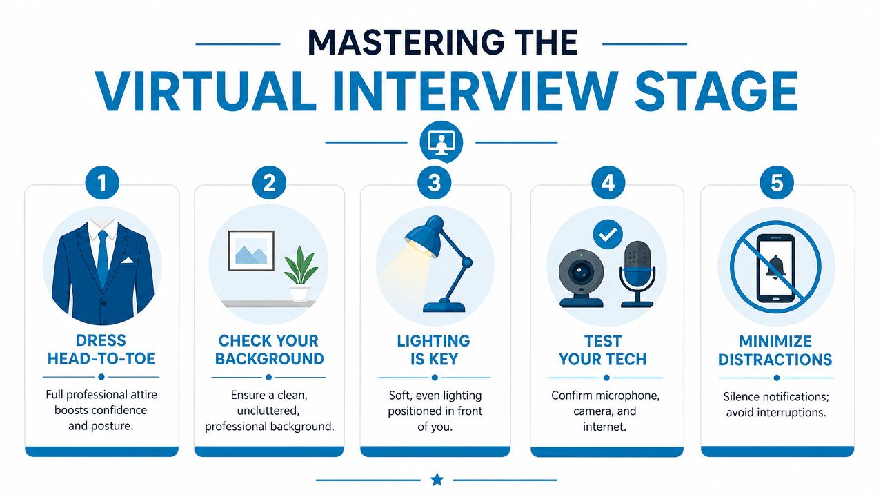 An infographic titled Mastering the Virtual Interview Stage featuring five steps for a successful professional remote interview.