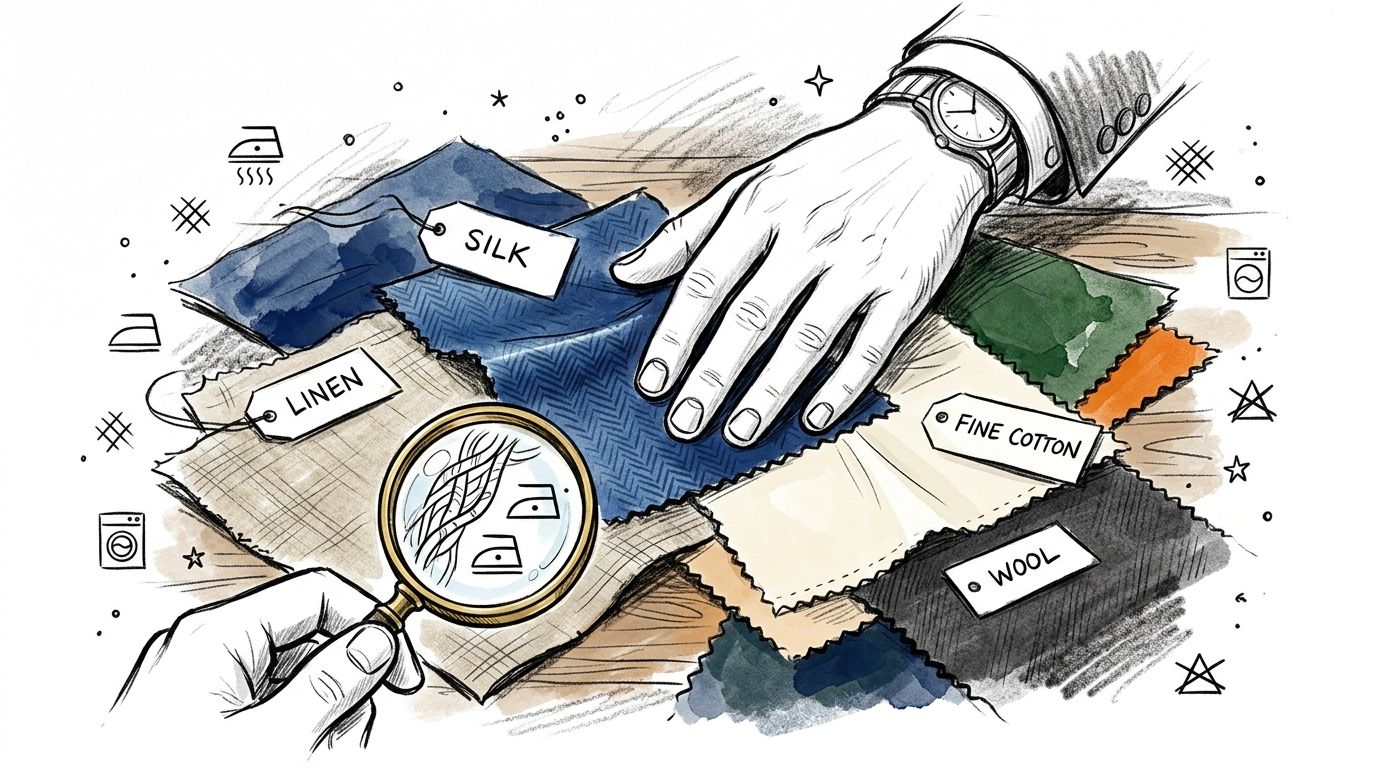 A hand touching fabric samples labeled as silk, linen, cotton, and wool while examining them with a magnifying glass.