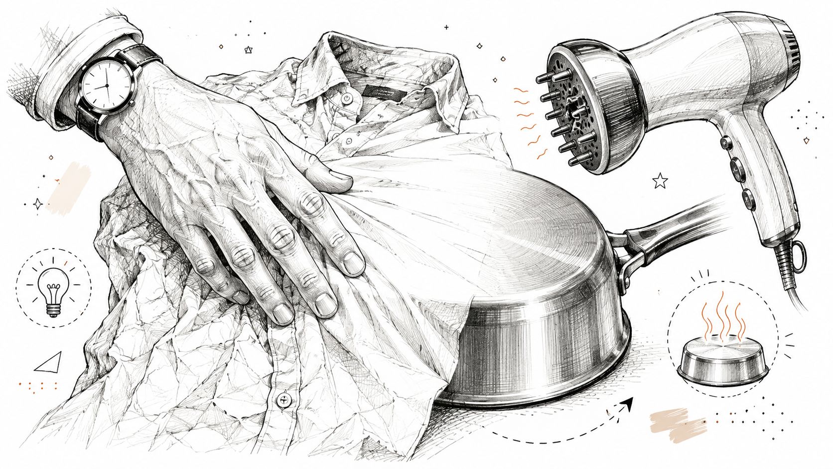 An artistic sketch showing a hand pressing a shirt onto a hot pan using a hair dryer.