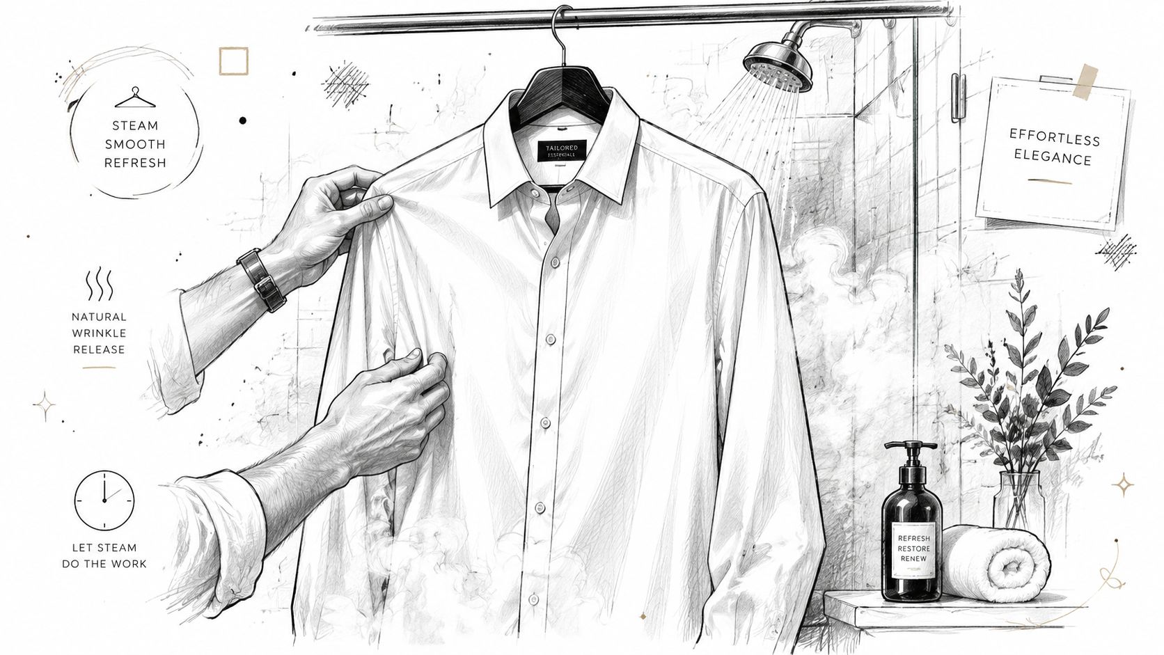 A pencil sketch illustrating how to steam a dress shirt in the bathroom to remove wrinkles.