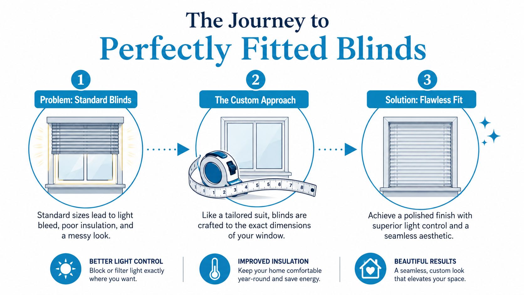 A diagram illustrating the three steps from problematic standard blinds to custom-fitted, perfectly installed window blinds.