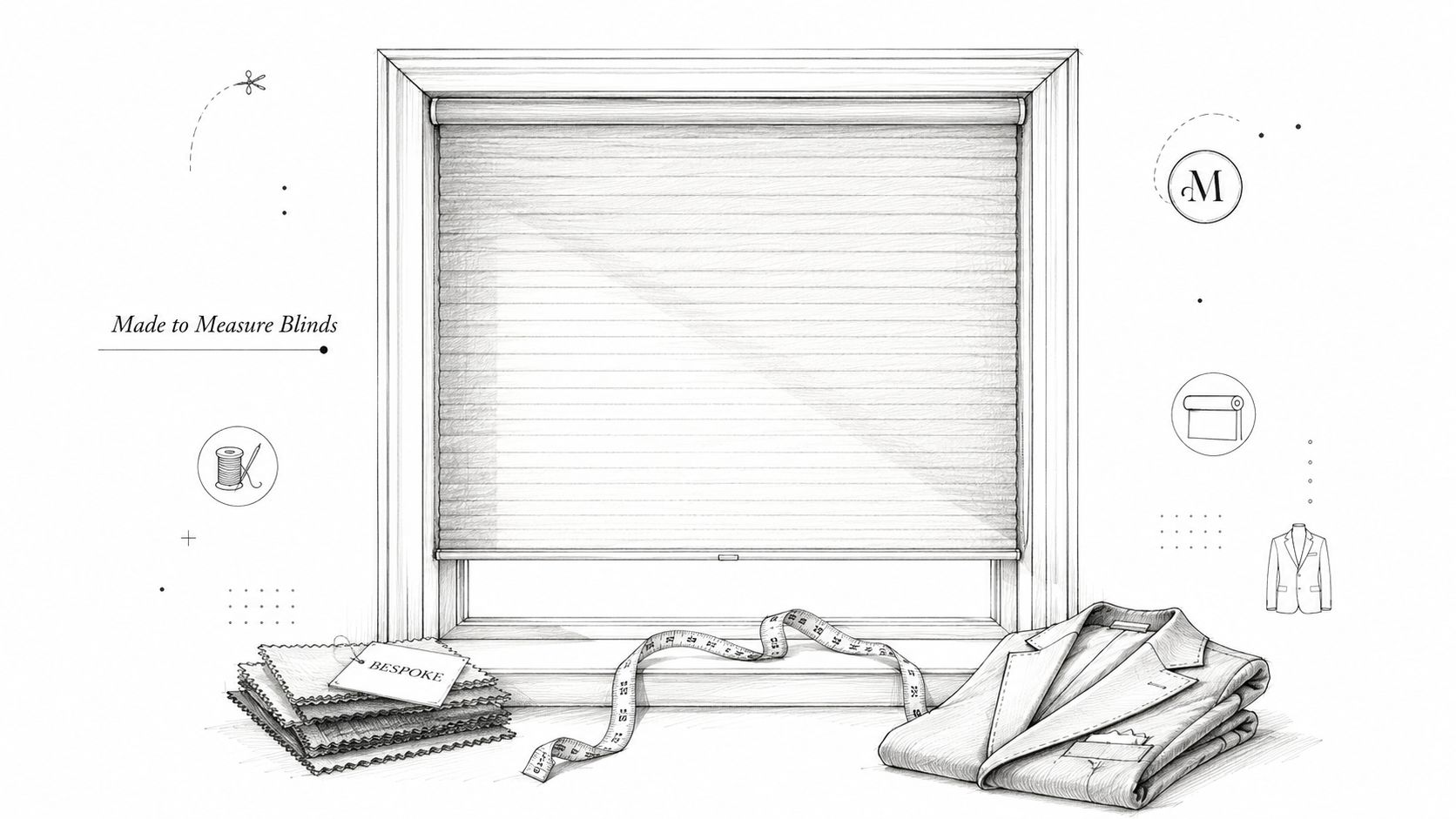 A detailed sketch of a window with made to measure blinds, featuring fabric swatches and a tailor's jacket.