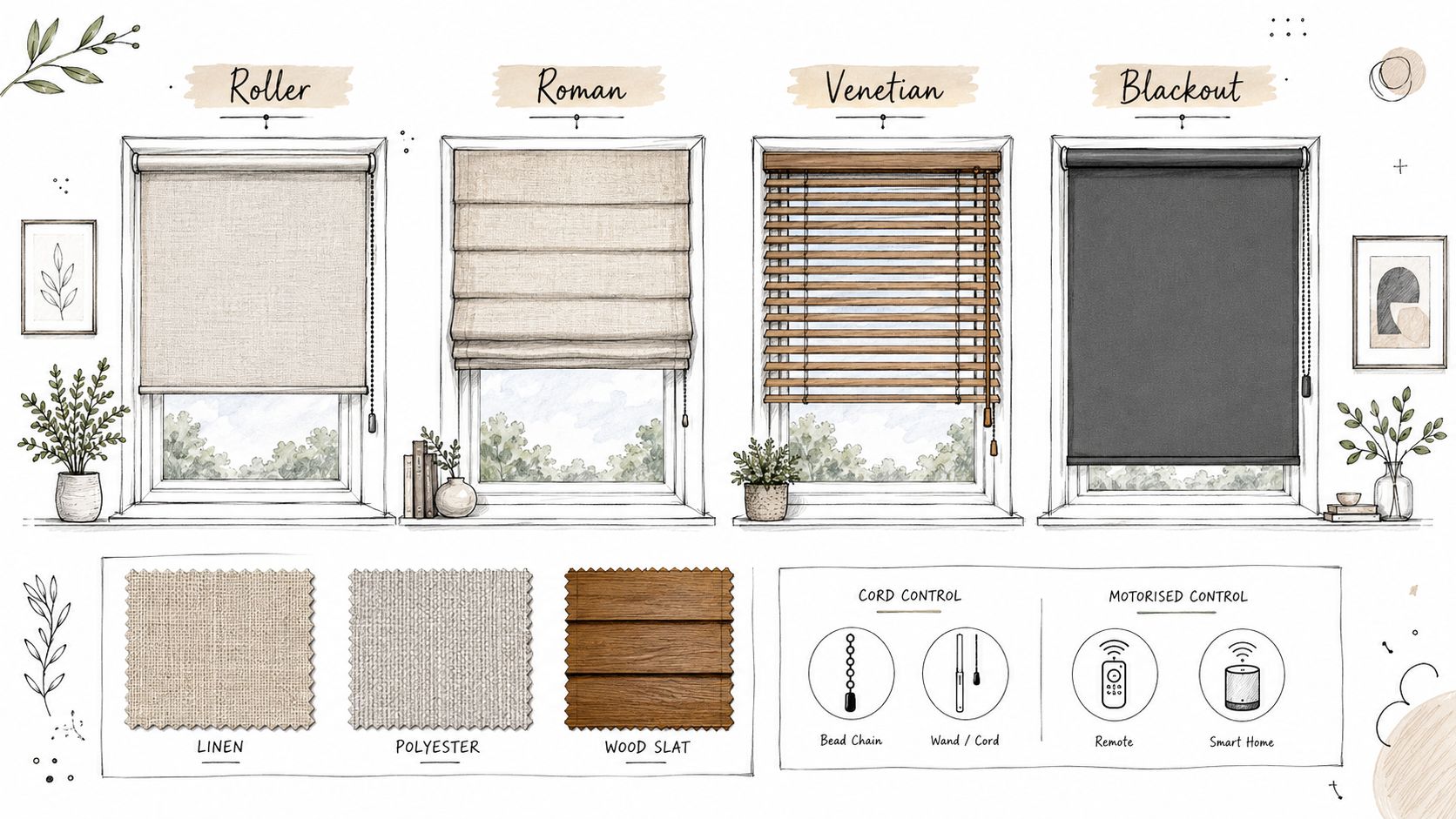 An illustration showing four different window blind styles including roller, roman, venetian, and blackout options.