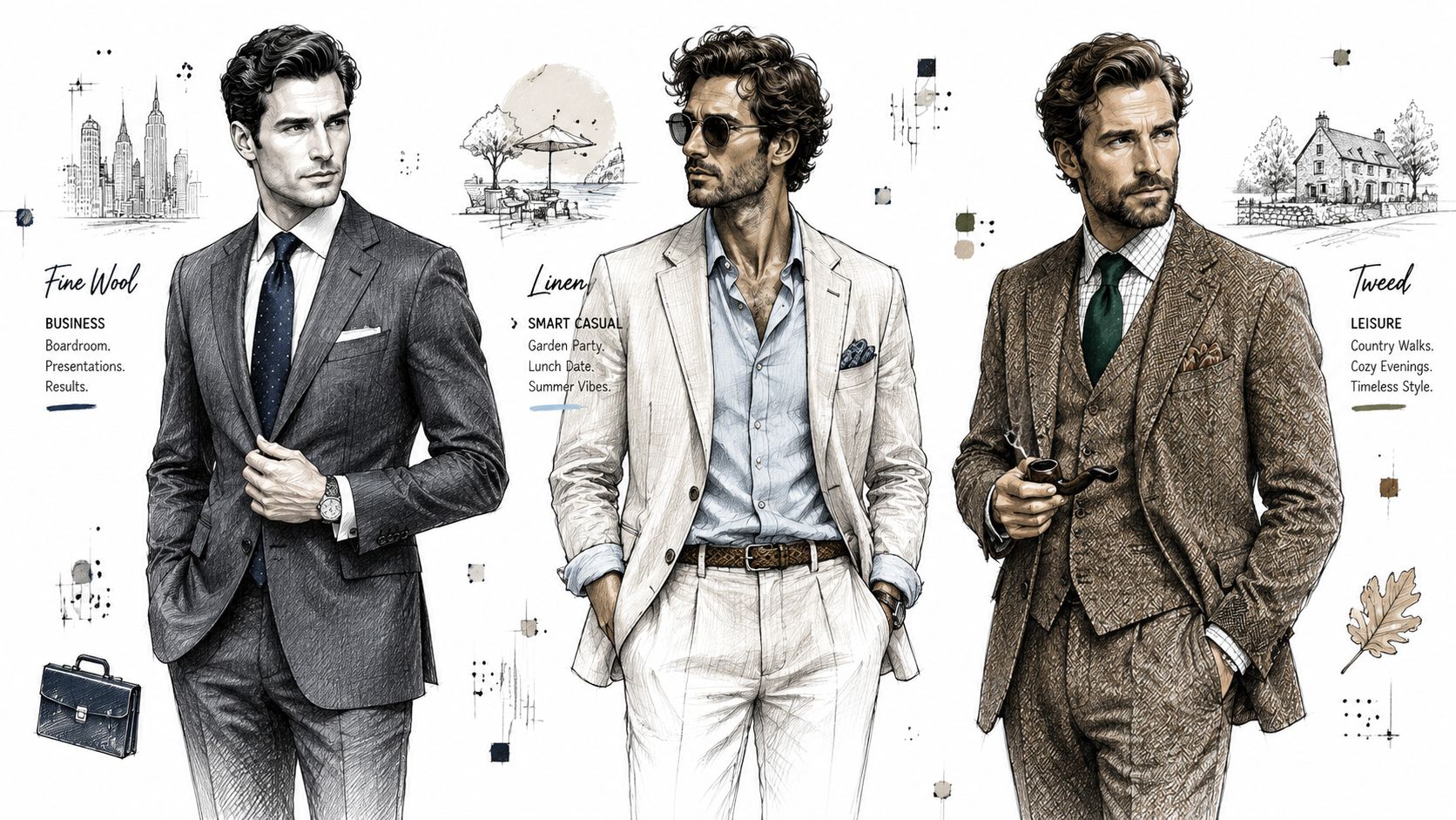 Three stylish men wearing notch lapel suits made from wool, linen, and tweed fabrics for different occasions.