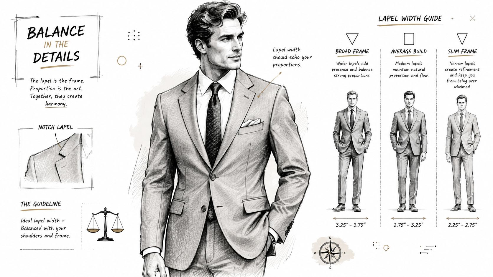 A detailed style guide illustrating how to select the correct notch lapel suit width based on body frame.