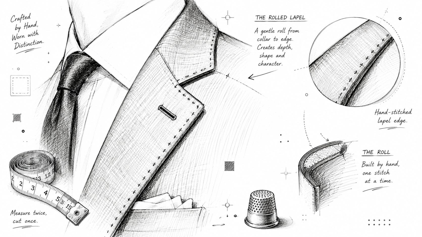 A detailed technical sketch showing the hand-crafting process of a bespoke notch lapel suit jacket.