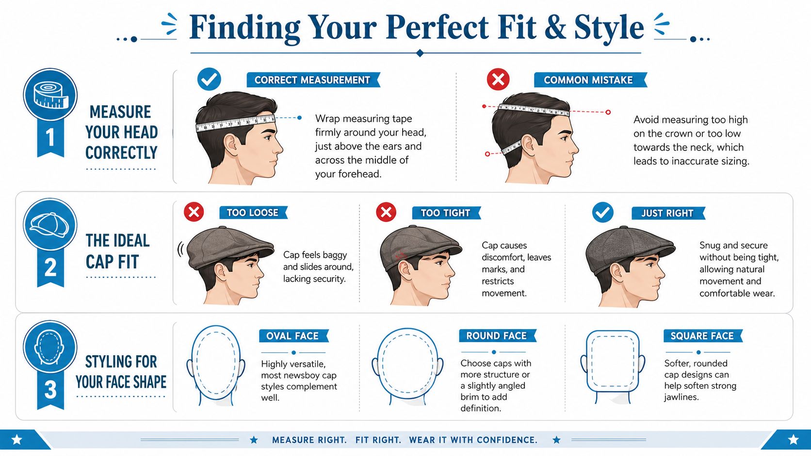 A visual guide explaining how to measure your head, fit a newsboy cap, and style by face shape.