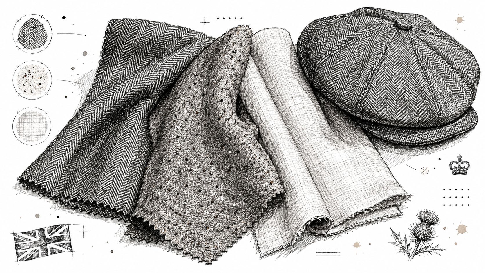 A detailed ink illustration featuring fabric swatches with tweed textures and a classic British flat cap.