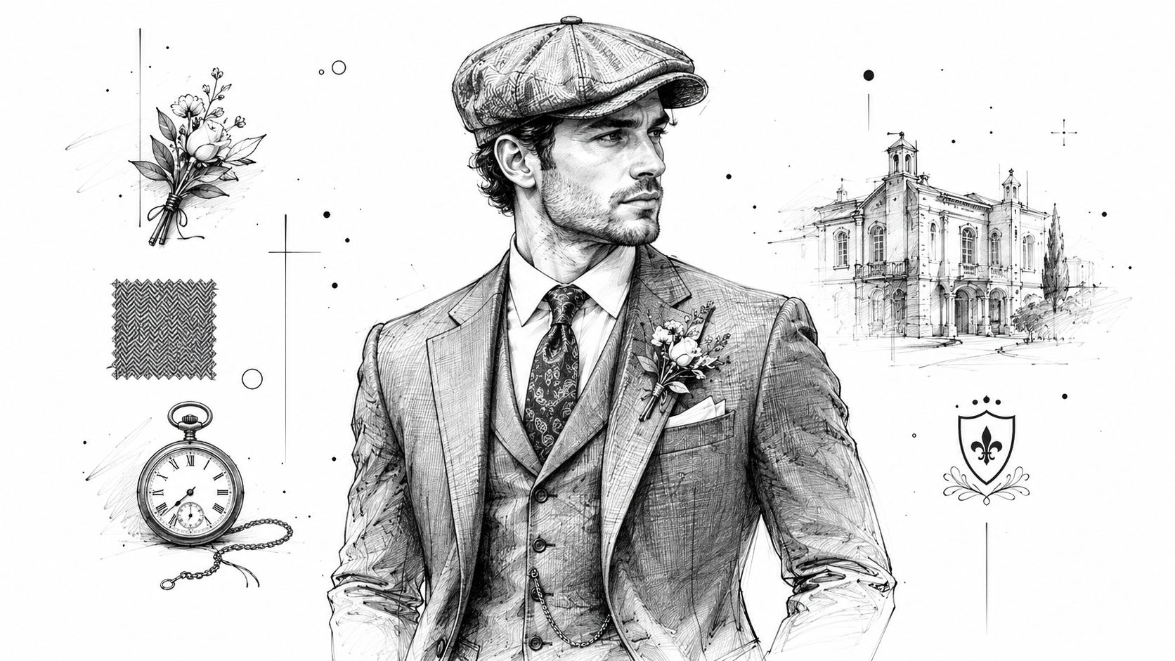 A detailed sketch of a man in a vintage suit and flat cap with architectural elements.