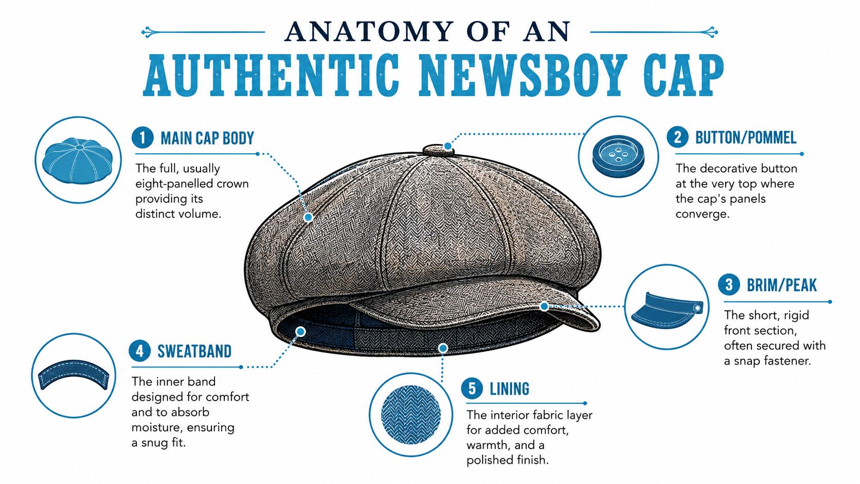 An infographic detailing the anatomy of a classic eight-panel wool newsboy cap with labeled components.