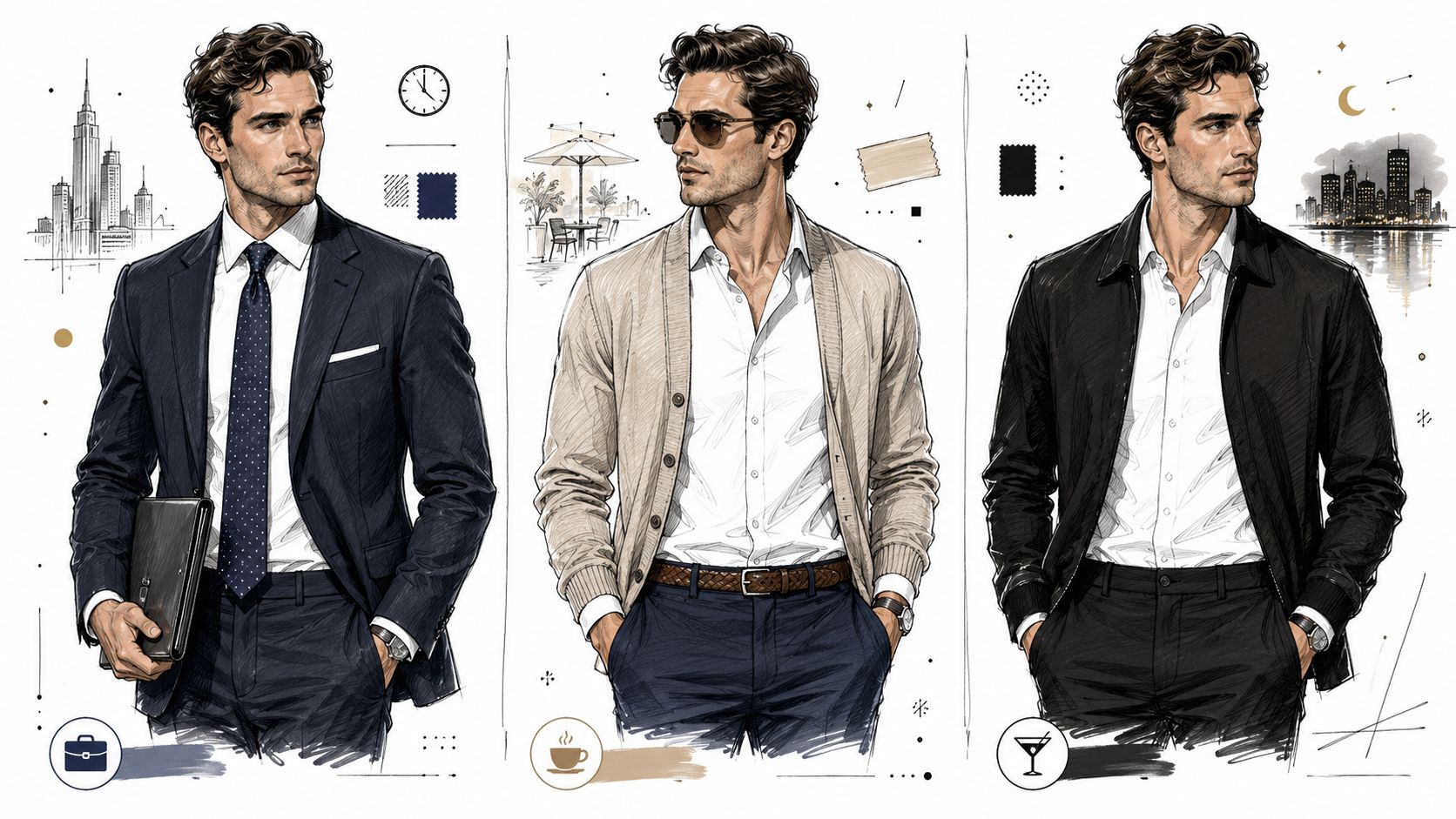 A digital illustration featuring a stylish man showcasing three distinct outfits, including suits and casual wear.