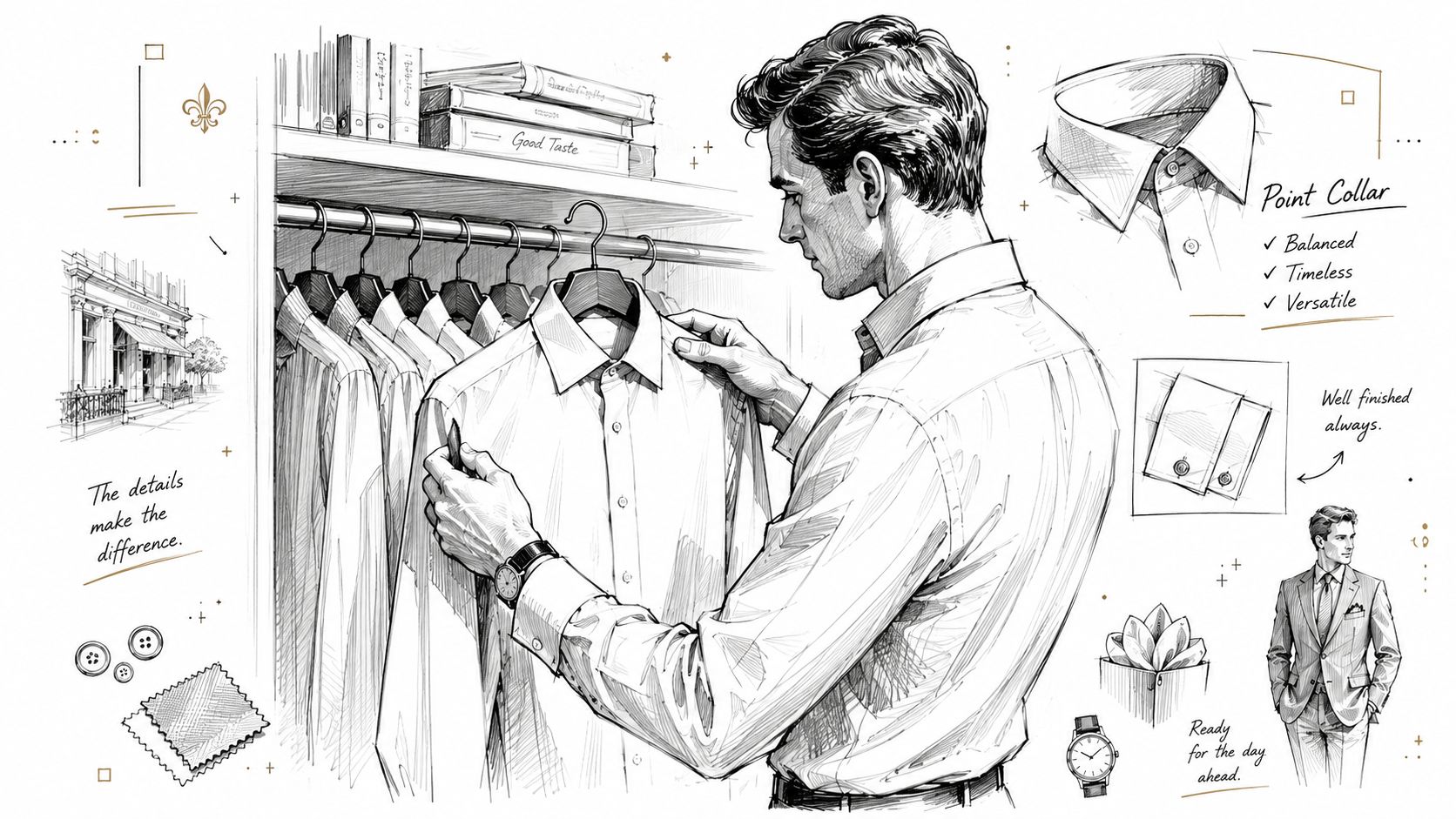 A detailed sketch of a man selecting a classic point collar dress shirt from a wardrobe.