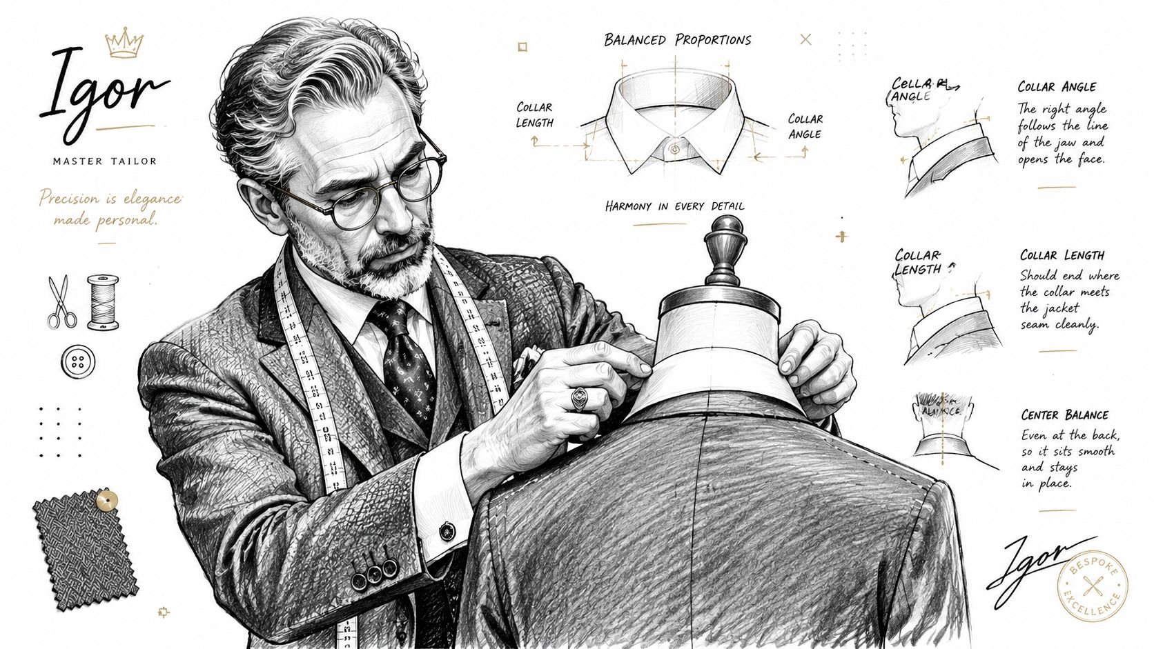 A professional master tailor measuring a suit jacket on a mannequin, illustrating bespoke tailoring collar design principles.