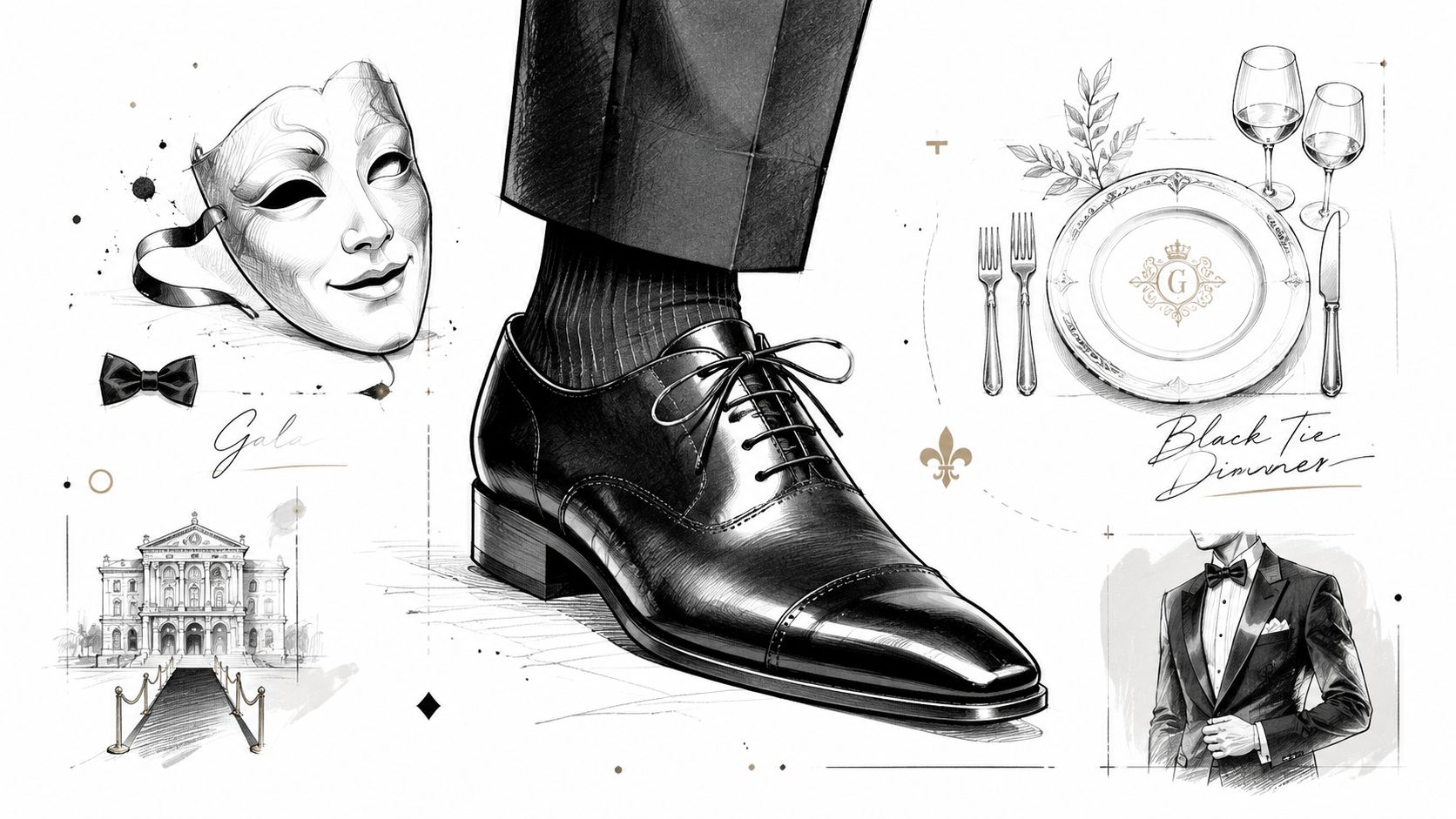 A sophisticated pencil sketch showcasing a black leather oxford shoe, a tuxedo, dinnerware, and a gala mask.
