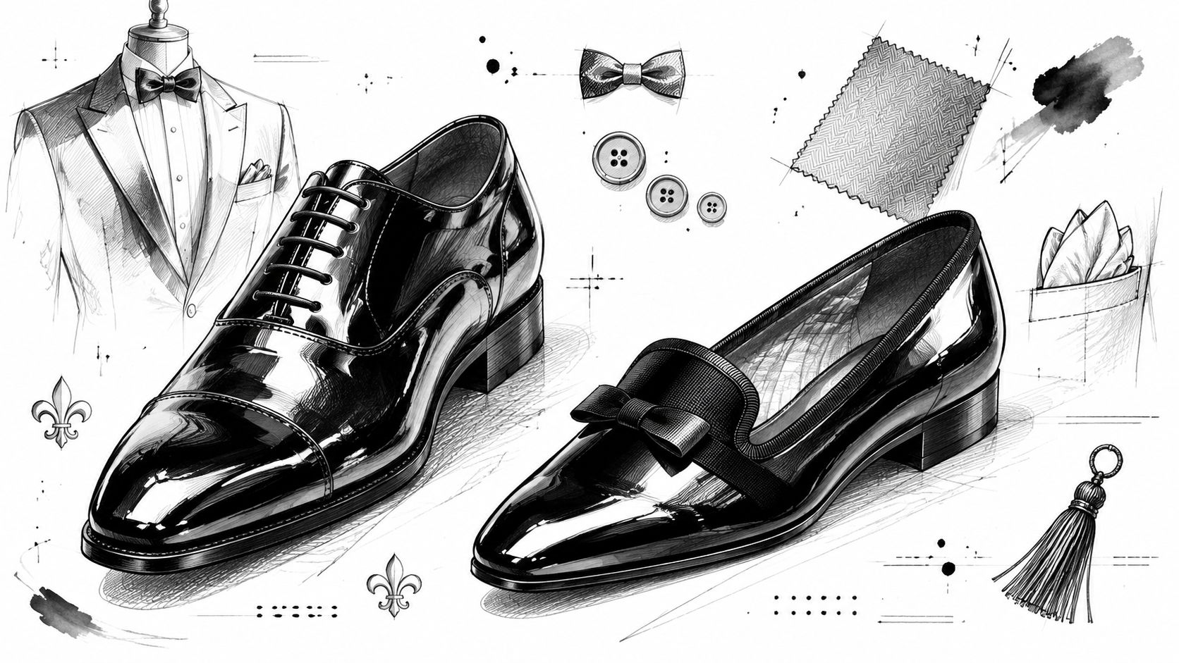 A black and white fashion sketch featuring a dinner jacket, formal oxford shoes, loafers, and accessories.