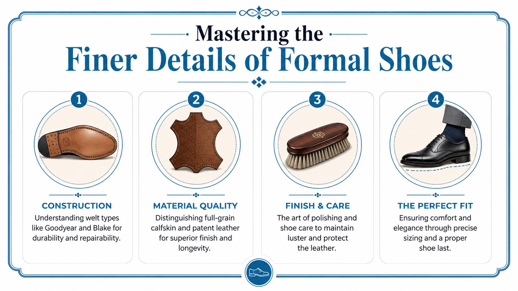 An infographic titled Mastering the Finer Details of Formal Shoes, illustrating construction, material, care, and fit.
