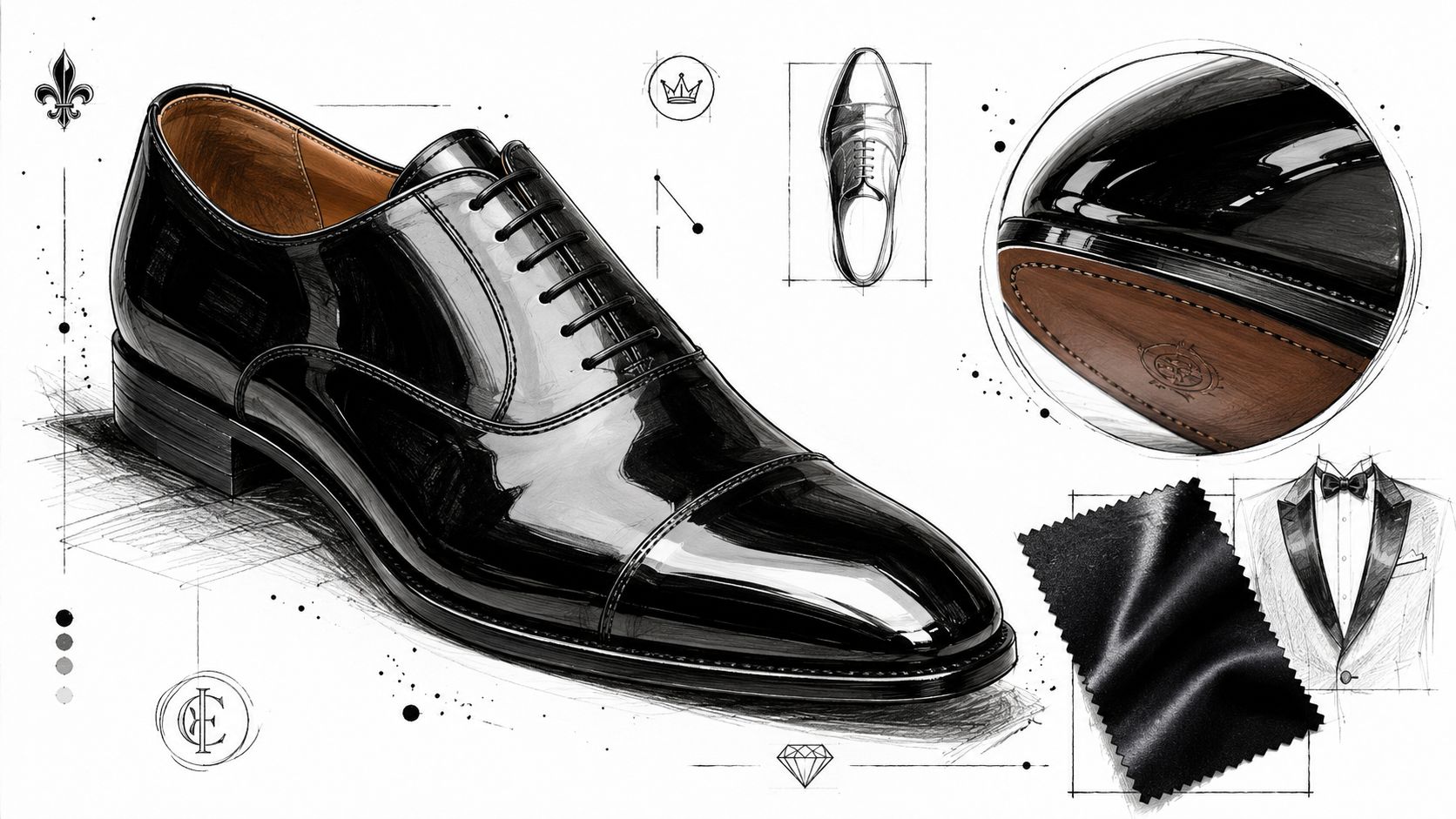 A detailed fashion sketch showing a polished black leather oxford shoe, a tuxedo jacket, and leather texture.