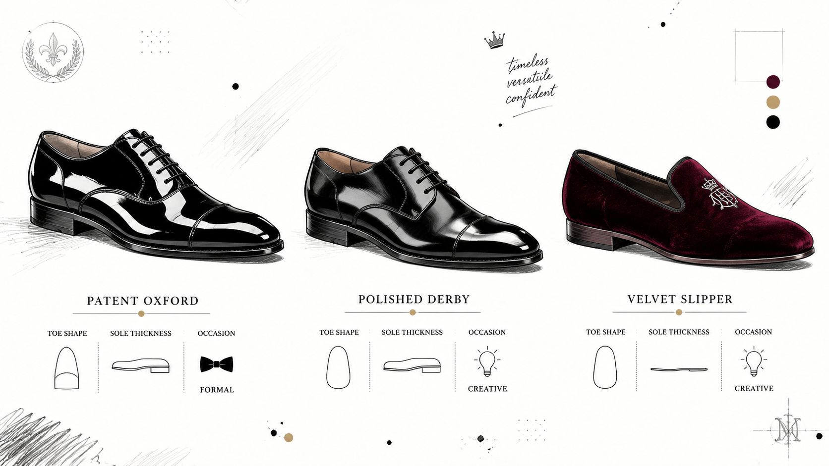 A digital illustration showing three styles of men's shoes: a patent oxford, a polished derby, and a velvet slipper.