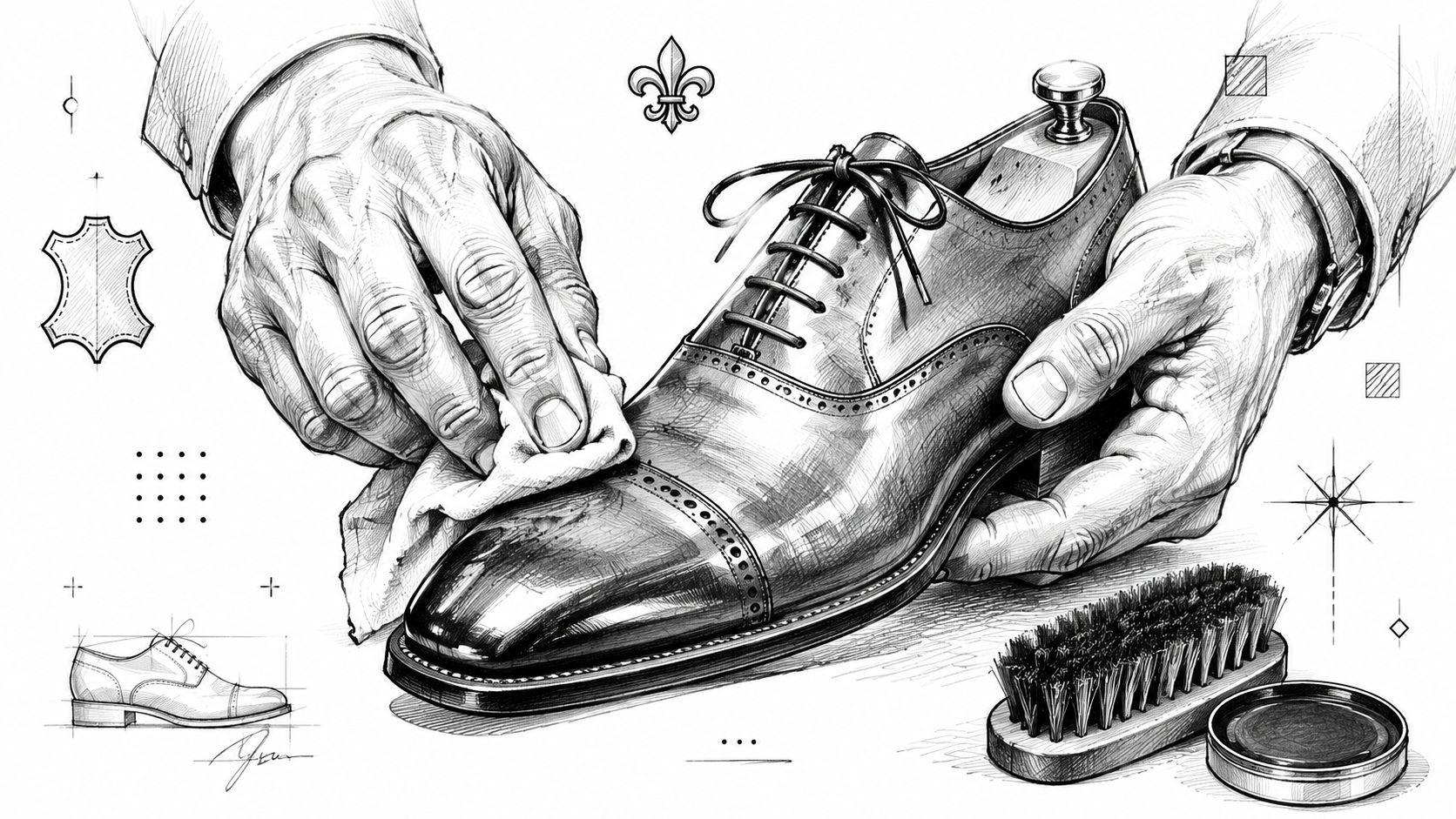 A detailed sketch of a person polishing a high-quality leather oxford shoe using a cloth.