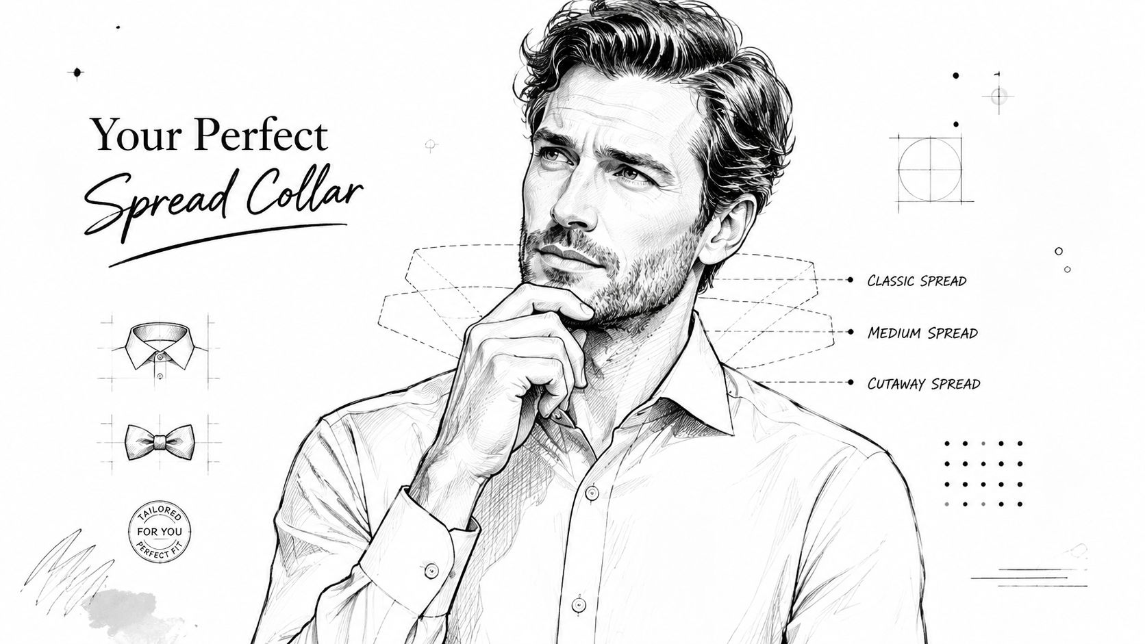 A detailed illustration of a man with a beard wearing a shirt with a stylish spread collar.