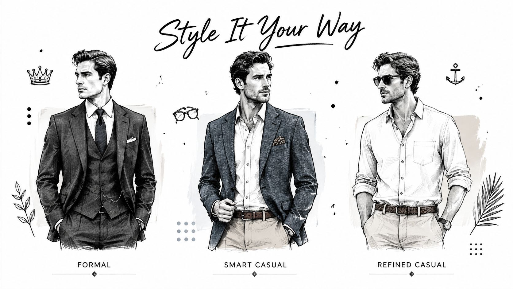A digital illustration showing three men showcasing formal, smart casual, and refined casual styles for men.
