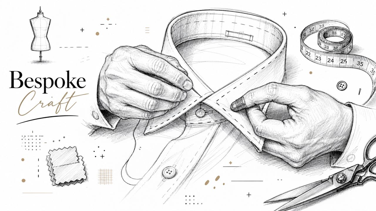 Detailed pencil sketch of a tailor hand-stitching the collar of a bespoke dress shirt.
