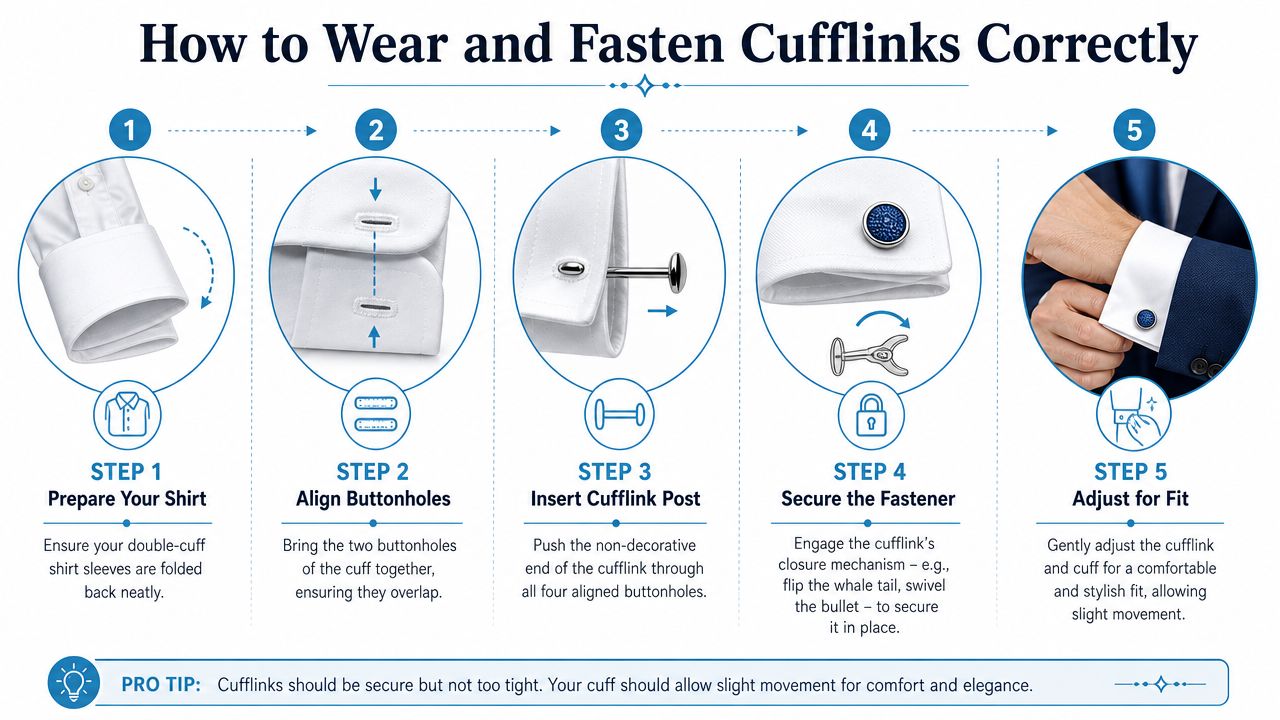 A step-by-step instructional infographic explaining how to properly wear and fasten cufflinks on a dress shirt.