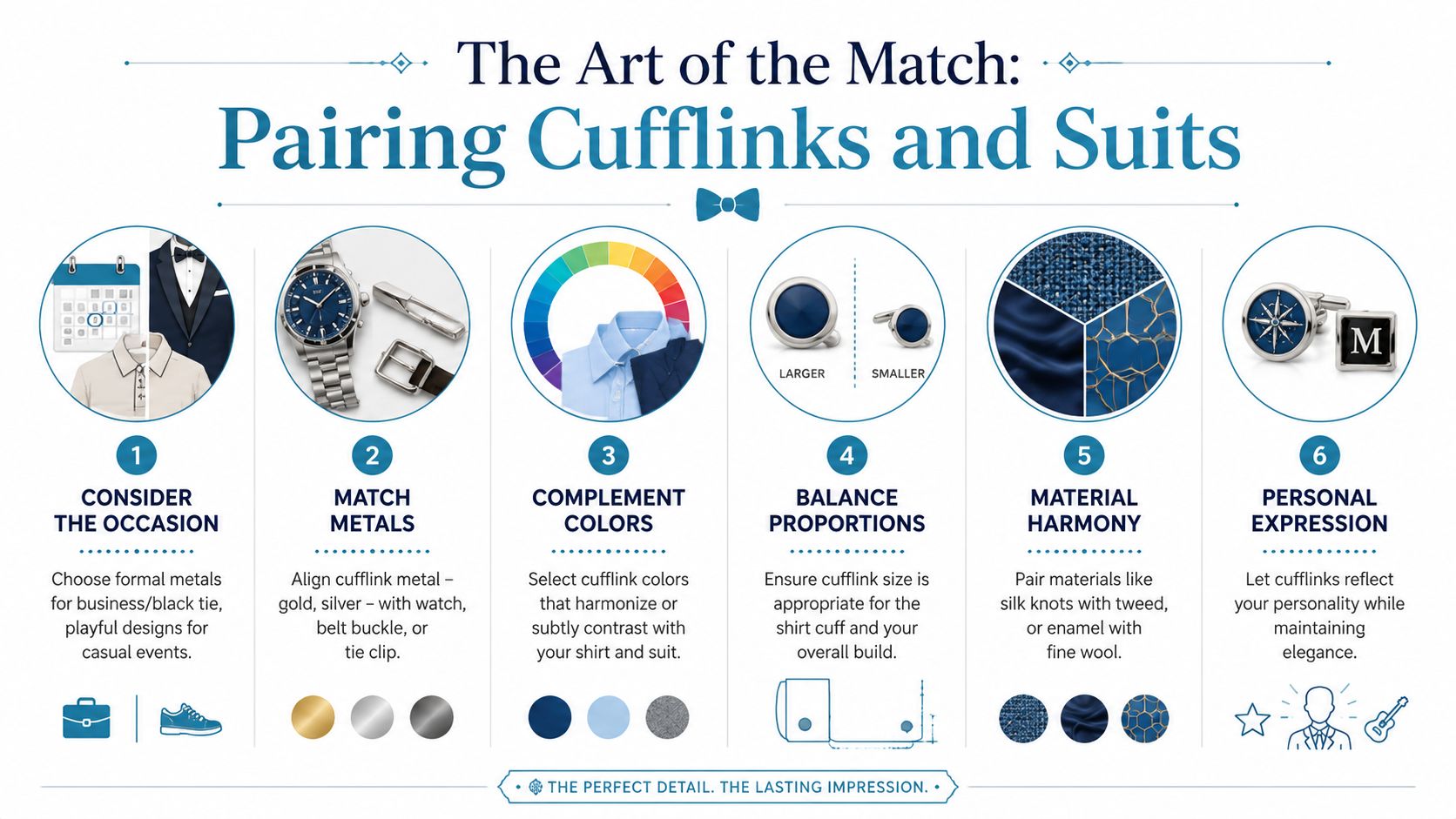 An infographic titled The Art of the Match explaining six steps for pairing cufflinks with suits effectively.