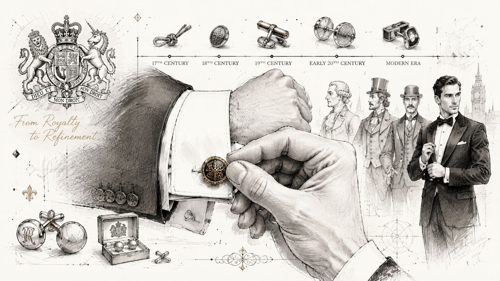 A detailed illustration showing the evolution of cufflinks from the 17th century to modern formal suits.