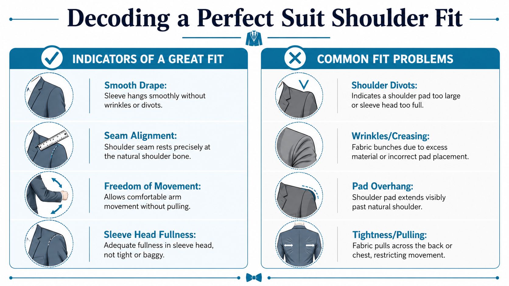 An infographic showing indicators of a perfect suit shoulder fit versus common fit problems and defects.