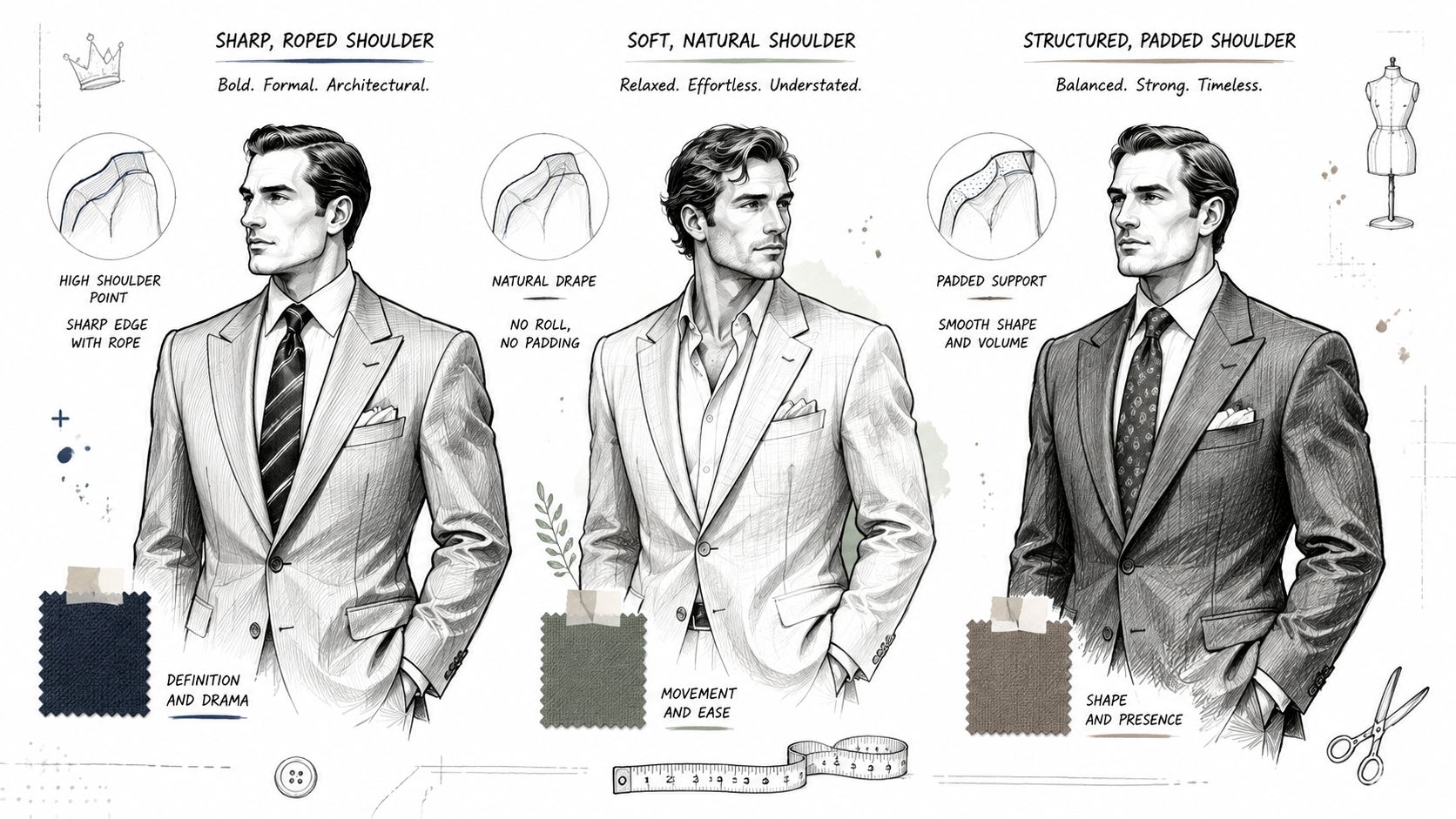 A fashion illustration showcasing three distinct men's suit shoulder styles: sharp roped, soft natural, and structured padded.