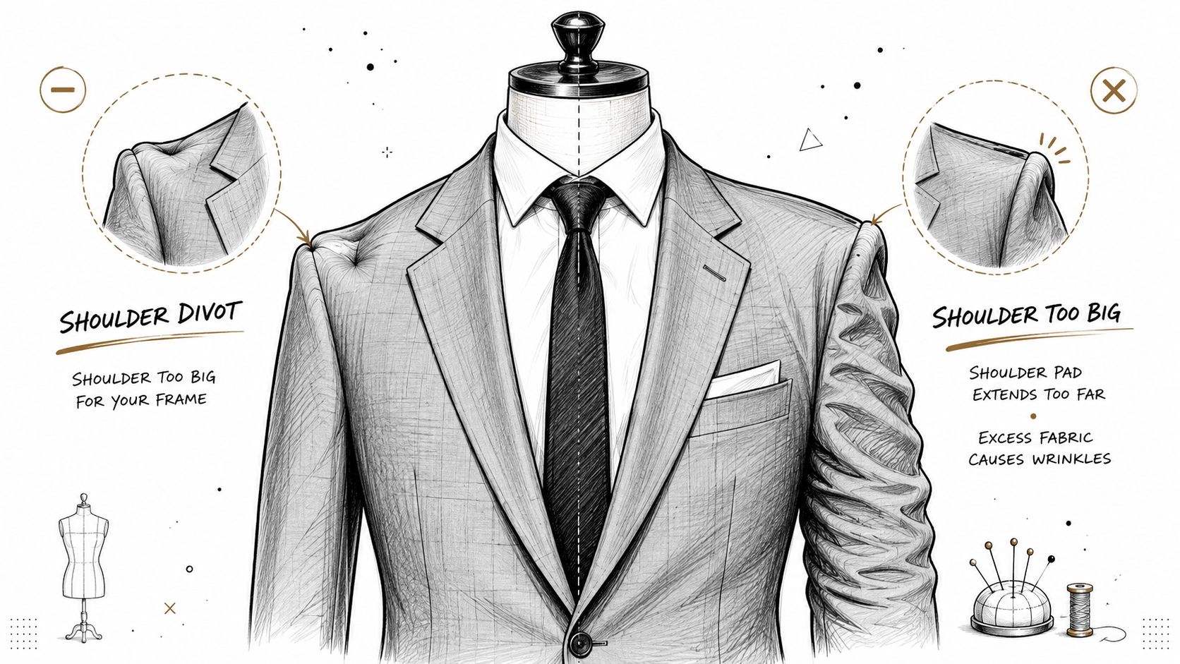 A detailed illustration showing common fit issues in a suit jacket, specifically focusing on shoulder divots and oversize shoulders.