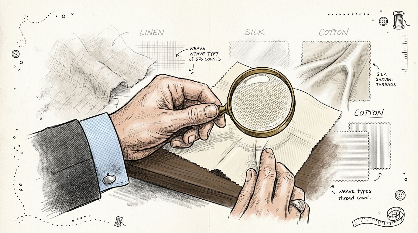 A detailed illustration of a person inspecting fabric swatches with a magnifying glass for quality assessment.
