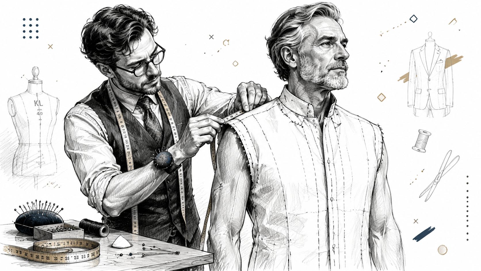 A professional tailor taking measurements of a mature man wearing a custom white shirt in his workshop.