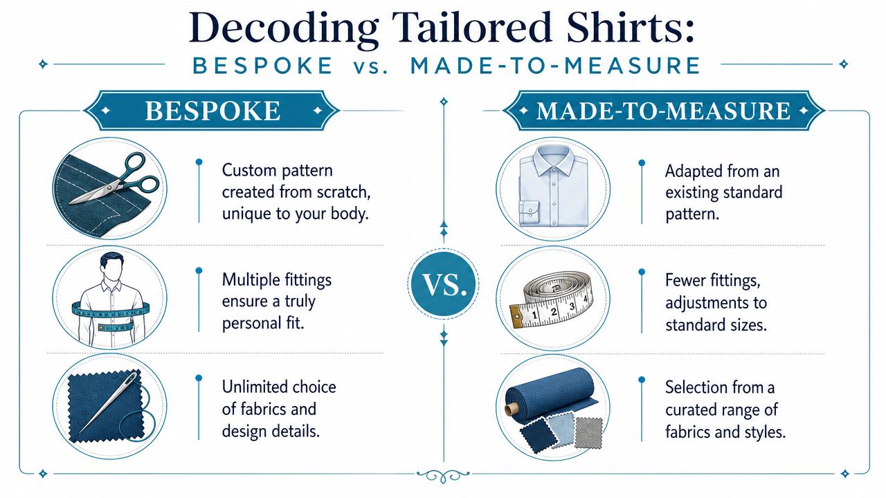 A comparison chart showing the differences between bespoke and made-to-measure tailored shirts in terms of process.