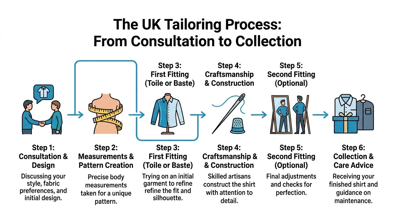 A diagram illustrating the six-step bespoke UK shirt tailoring process from consultation to final collection.