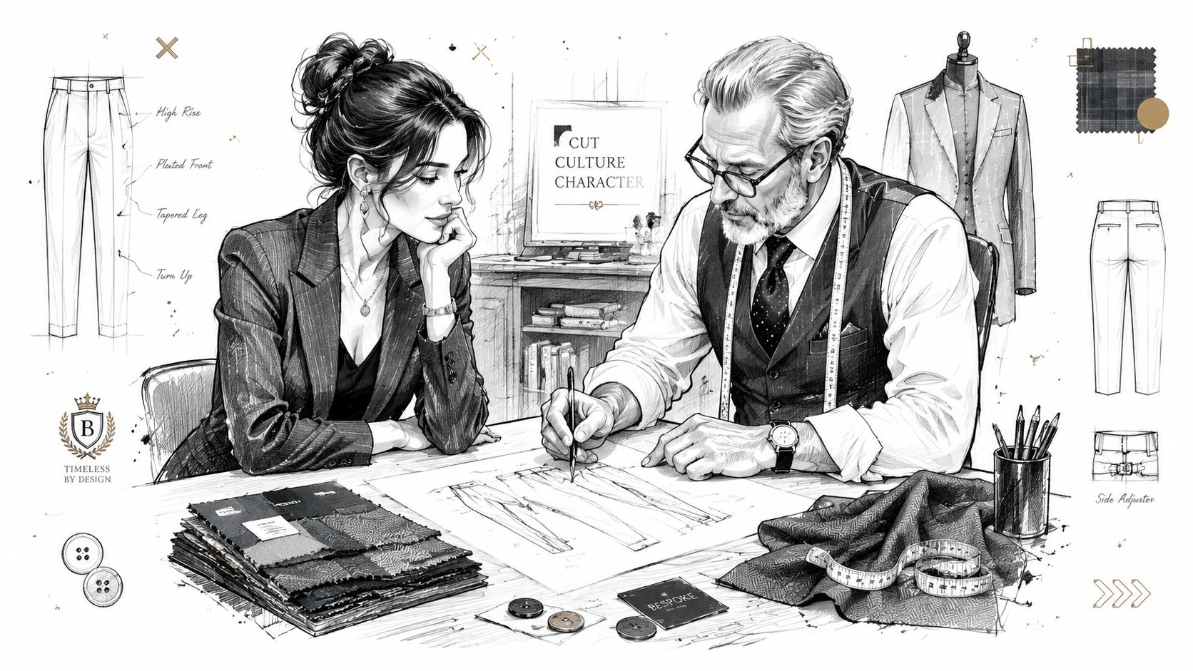 A professional tailor sketching custom designs for a female client with fabric swatches on a drafting table.