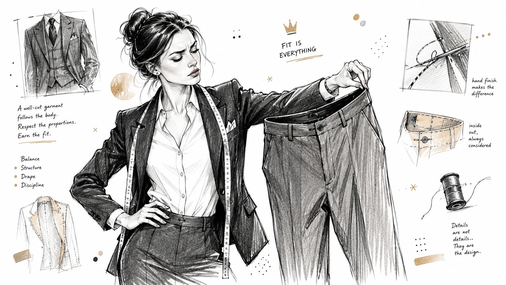 A professional fashion designer tailoring a pair of trousers in an elegant, sketched artistic style illustration.