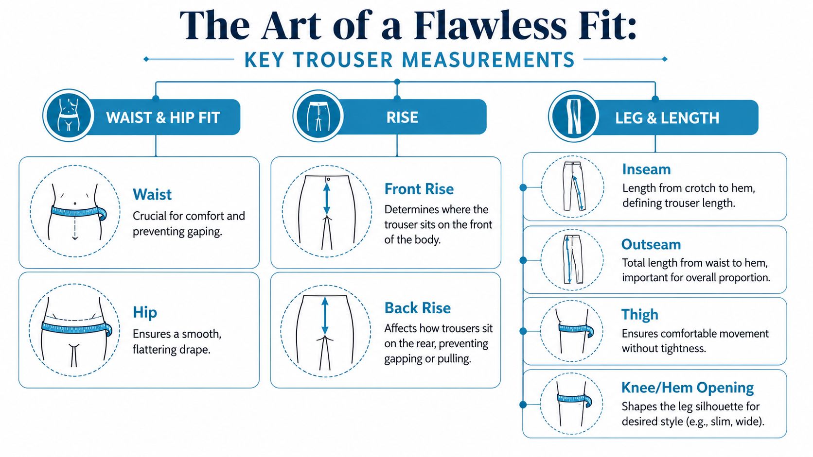 An infographic titled The Art of a Flawless Fit showing key body measurements for fitting trousers.