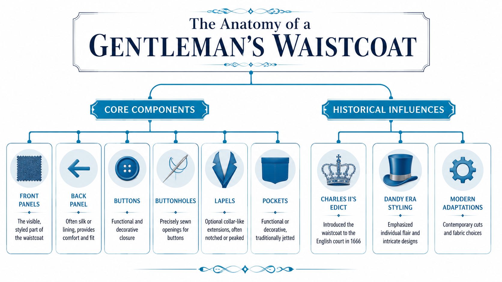 An infographic detailing the anatomy of a gentleman's waistcoat, covering core components and historical influences.