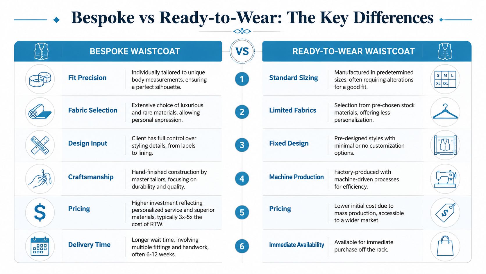 A comparison infographic showing the key differences between bespoke and ready-to-wear waistcoats for men.
