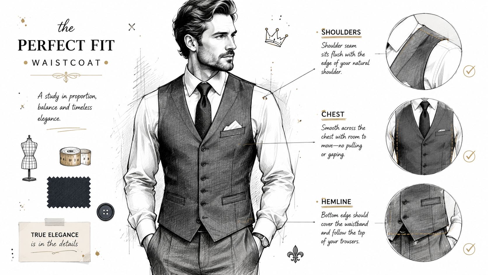 A detailed fashion illustration showing a man wearing a perfectly fitted waistcoat with labeled tips on correct fit.