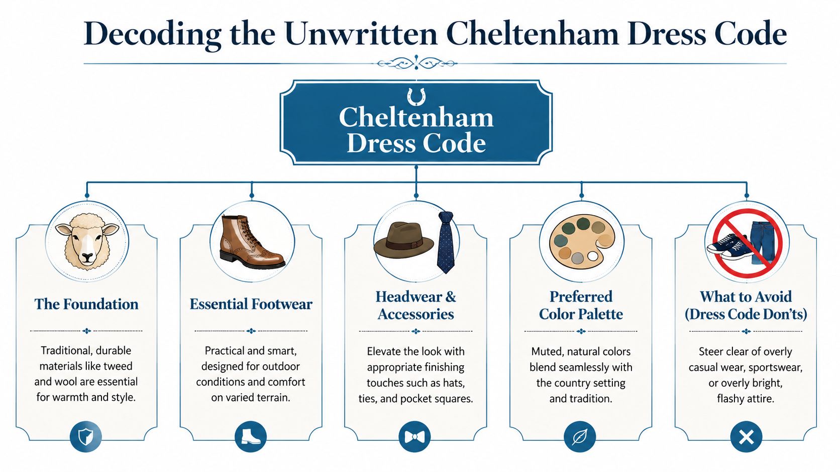 An infographic titled Decoding the Unwritten Cheltenham Dress Code showing guidelines for traditional race day attire.