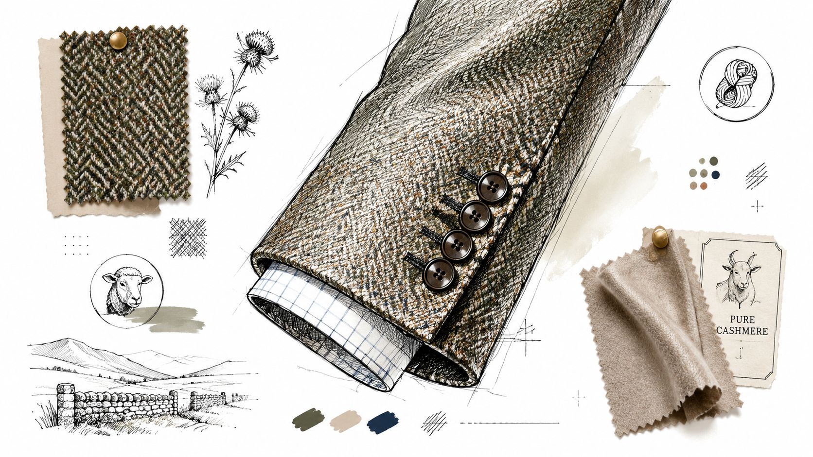 A fashion illustration showcasing a textured blazer sleeve, fabric swatches, and pastoral drawings depicting traditional British heritage attire.