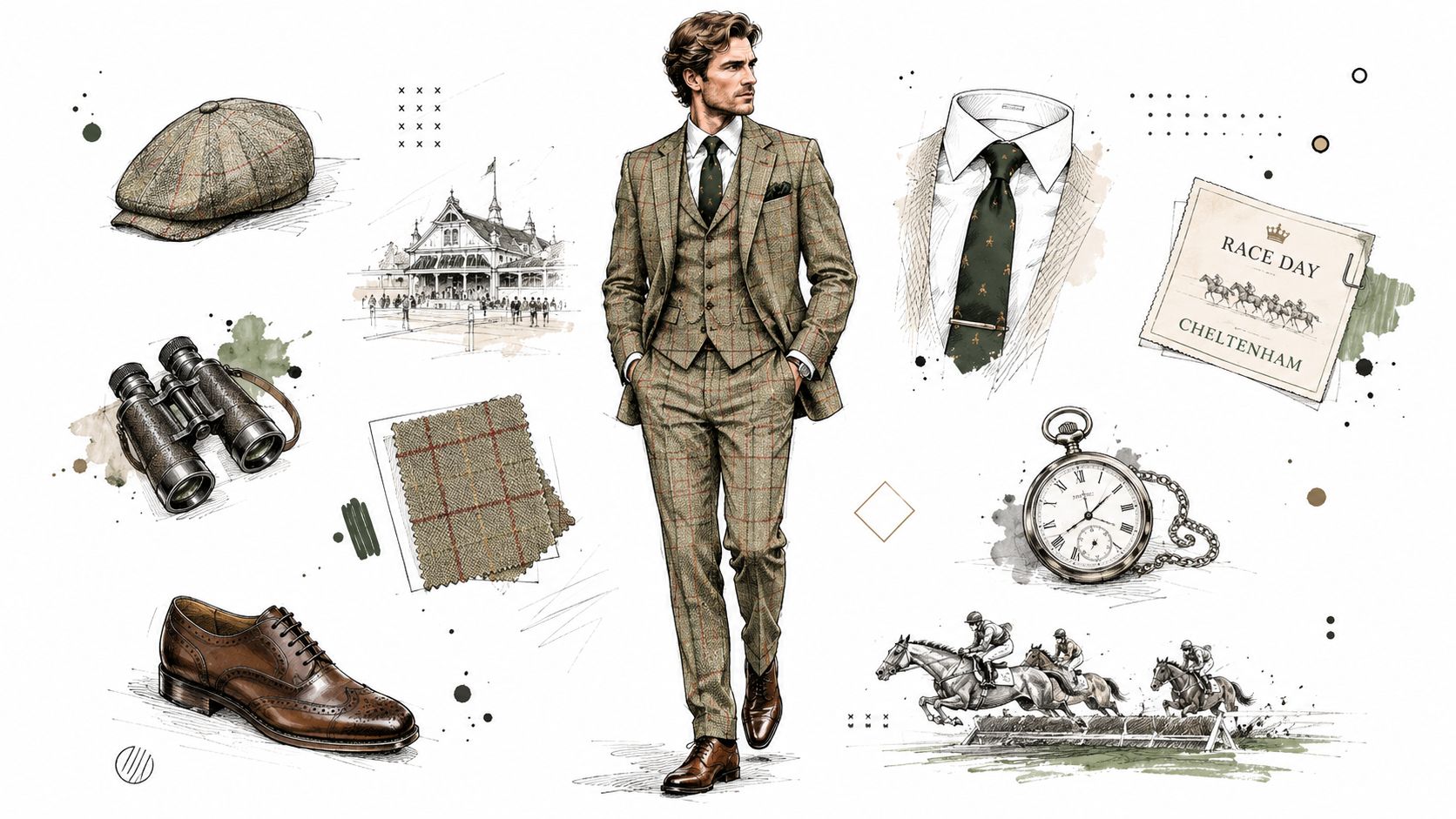 A fashion illustration featuring a man in a tweed suit for the Cheltenham horse races event.