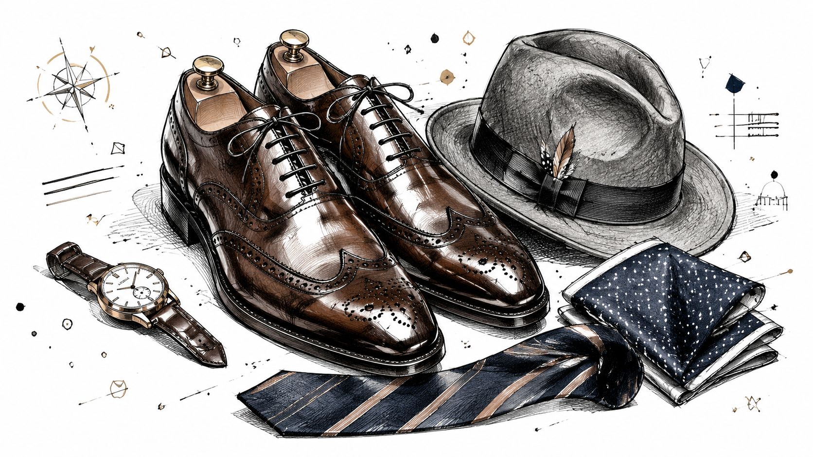 A detailed fashion illustration showing men's dress shoes, a fedora hat, a watch, tie, and pocket square.